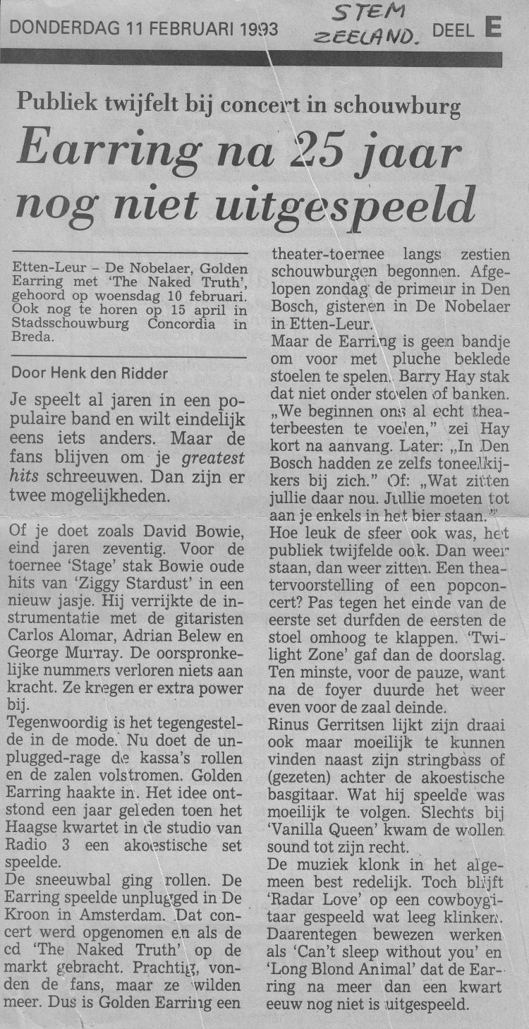 De Stem Newspaper article about Golden Earring show review Etten-Leur Nobelaar show February 10 1993
